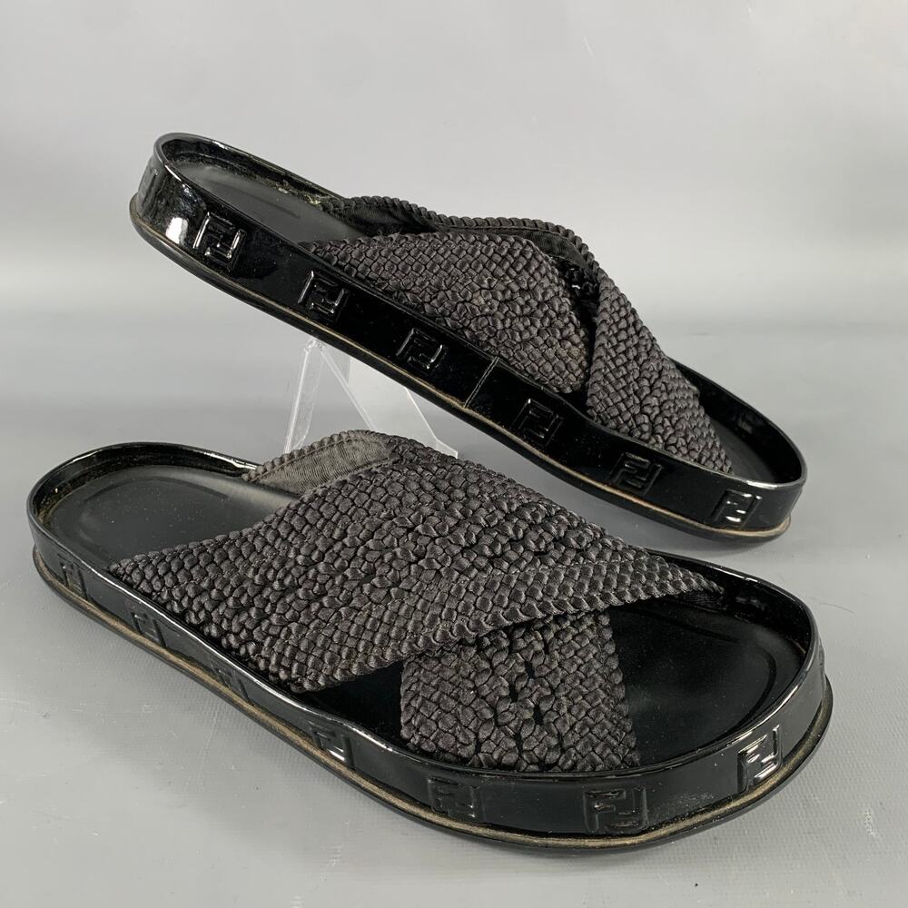 FENDI Size 8 Black Monogram Nylon Slide Sandals